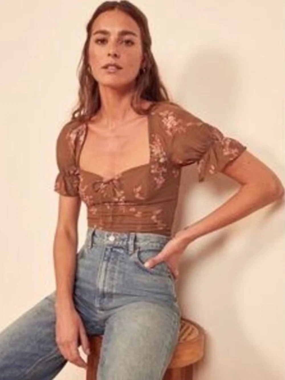 Reformation Delevan Top Brown Floral Tie-Front Puff Sleeve Blouse Smocked Sz 12